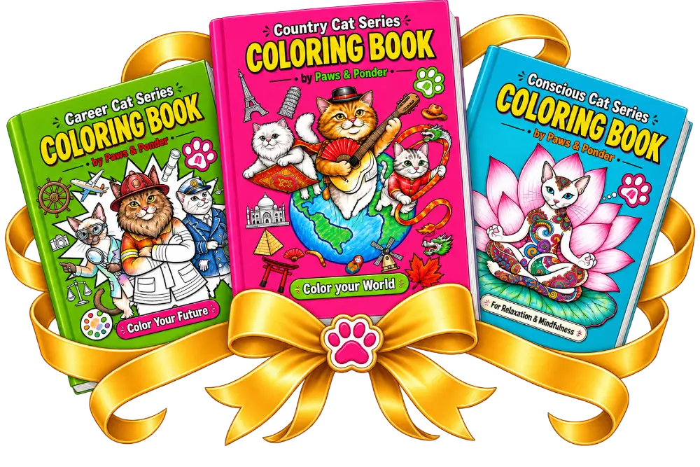 The three Paws & Ponder coloring books fanned out: Career Cat, Country Cat, and Conscious Cat